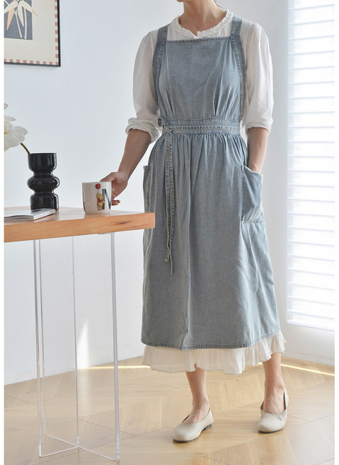 애니파니 데일리 데님 앞치마 원피스 크로스 멜빵 롱 에이프런, 1개, 연청