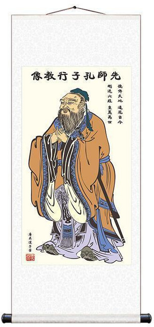 超值 先師孔子畫像絲綢卷畫掛畫學校教室絲綢裝飾畫掛軸中堂國畫裝飾畫 副廠商品, 奶白色裝裱,95*200