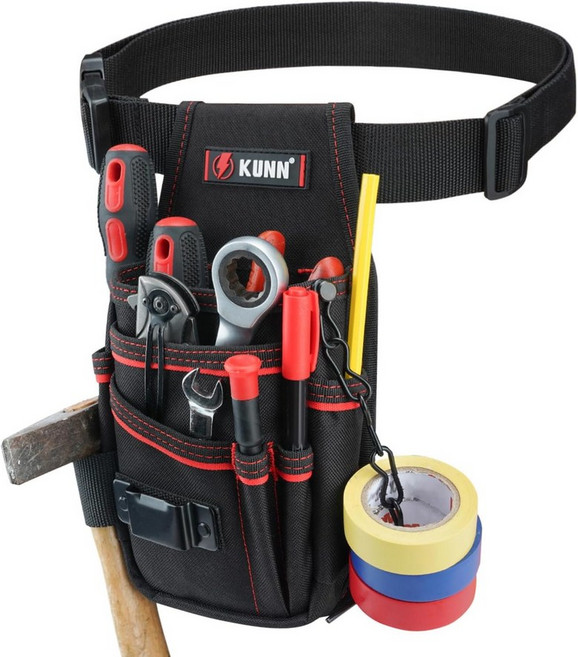 벨트 클립이 있는 KUNN 전기 공구 파우치 - 목수 기술자 HVAC용 7포켓 경량 소형 건설 유지보수 DIY 공구를 위한 헤비 듀티 멀티 포켓 정리함, Black-Red