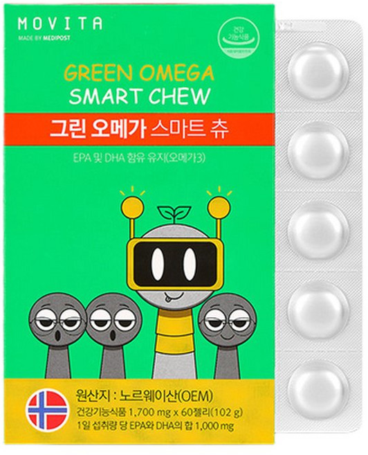 모비타 키즈 식물성 그린오메가3 스마트 츄 달콤한 젤리 구미 월 60젤리, 1개, 60정