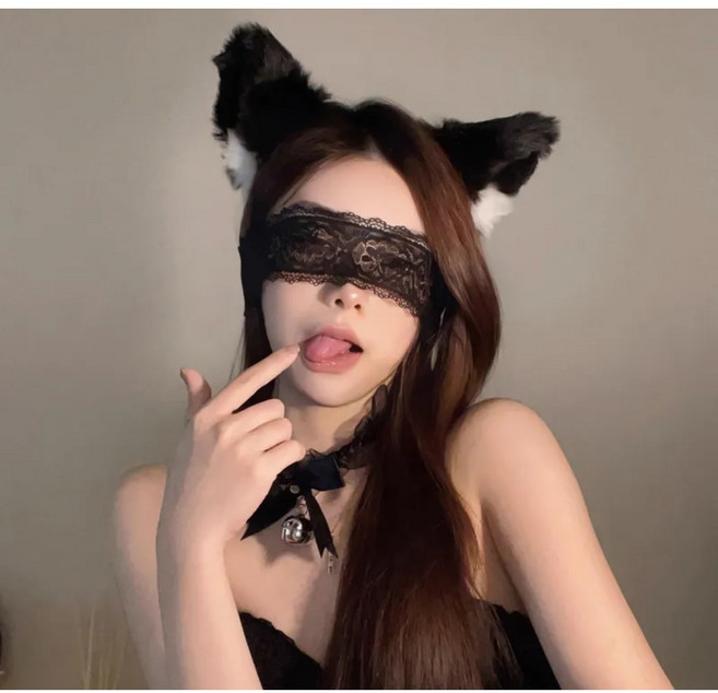 와이드 밀릭 여성 섹시 눈가리개+고양이머리띠+방울목거리 세트