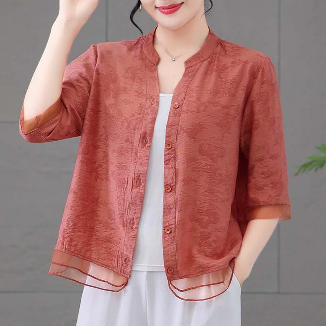 IWMAFT 여성 여름 반팔 아우터 블라우스 루즈핏 자카드 텍스처 버튼 디자인 데일리 착용 AS501