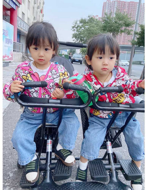 2인 쌍둥이 유모차 휴대용 트라이크 접이식 경량, 검정+대형페달(더블)+쇼바 모델