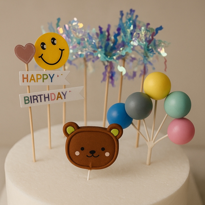 곰돌이 스마일 풍선 생일 토퍼 5종 세트, 블루 스파클토퍼 5개+파스텔 풍선 세트, 1세트