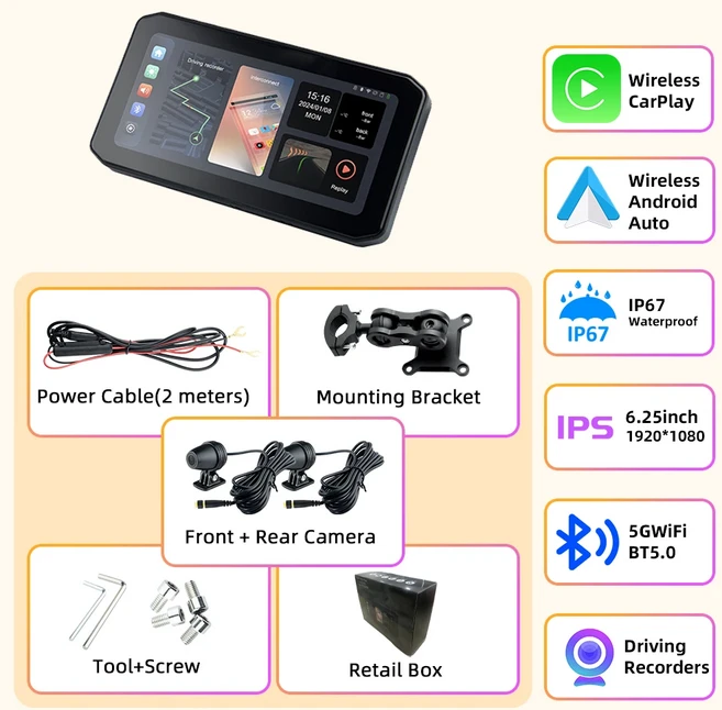 EKIY MTC17 6.25 오토바이 네비게이션 무선 CarPlay 디스플레이 화면 TPMS DVR 듀얼 BT 안드로이드 자동 모, 03 MTC17 DVR, 01 32G, 03 MTC17 DVR