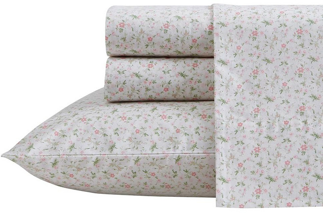 Laura Ashley - 킹 침대 시트 면 퍼케일 침구 세트 경량 및 통기성 기숙사 필수품 노렐라 핑크, Evie Pink