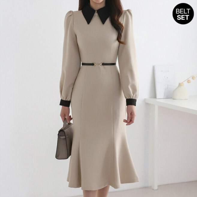 [모리스커밍홈] [55-66]배색포인트 벨티드 머메이드 원피스_M2602OP009A