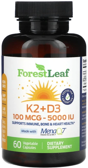 Forest Leaf K2 + D3 100mcg(5000IU) 베지 캡슐 60정, ForestLeafK2D3100mcg5000IU베지캡슐, 1개 - 쿠팡