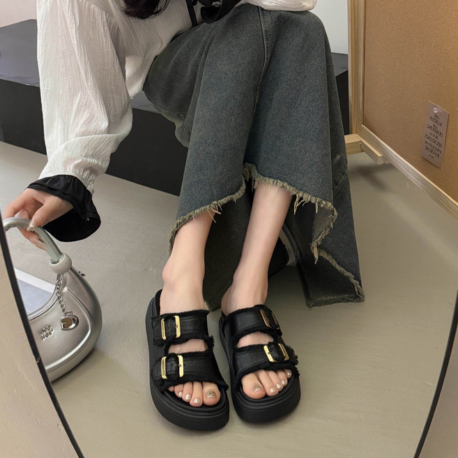 BMNW 女士雙釦厚底毛邊拖鞋