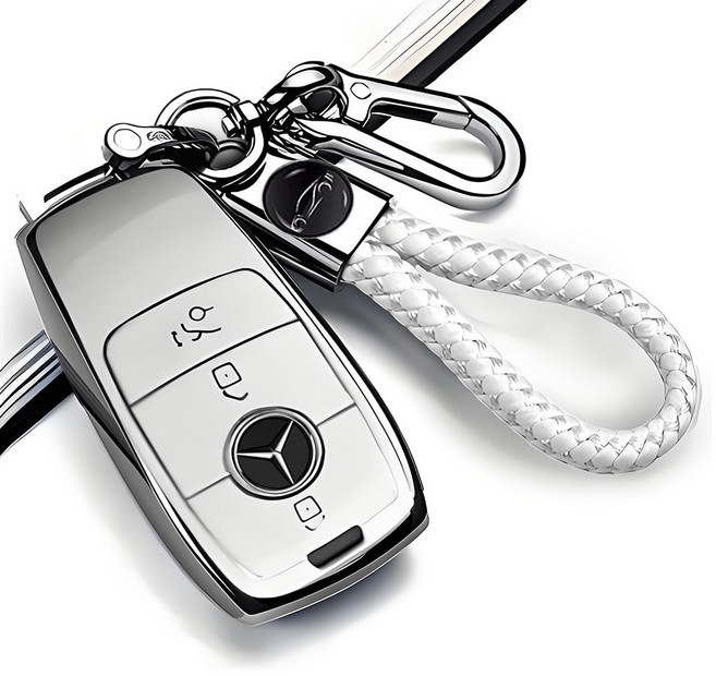 MODACE 벤츠 호환 자동차 스마트키 케이스 TPU Benz 키홀더 + 가죽 메탈 키링, 와 둥근 키링, 브라이트 화이트