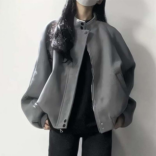 AOKADA 여성 봄 가을 오버핏 스탠드 카라 집업 스웨이드 점퍼 아우터