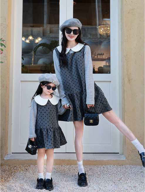 親子裝秋季韓版母女背心裙人字尼植絨波點裙套