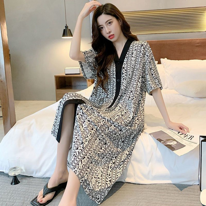 大尺碼胖MM 睡袍女夏季寬鬆中長款過膝開衫睡裙家居服