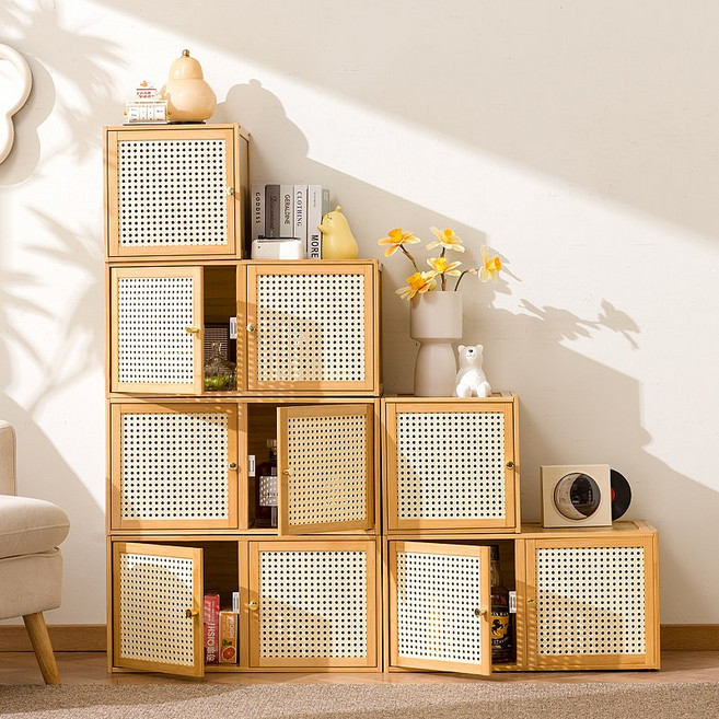 GOOD LIVE 원목 라탄 수납장 다용도 선반 거실 자취방 인테리어 수납, 원목색