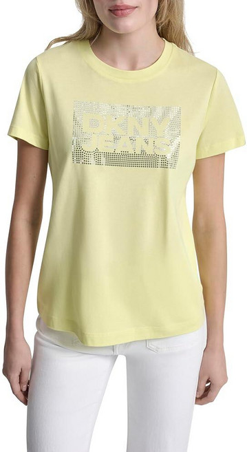 DKNY 스팽글 박스 로고에 스택 로고가 있는 여성용 크루넥 티 레몬 라이트/실버 XL