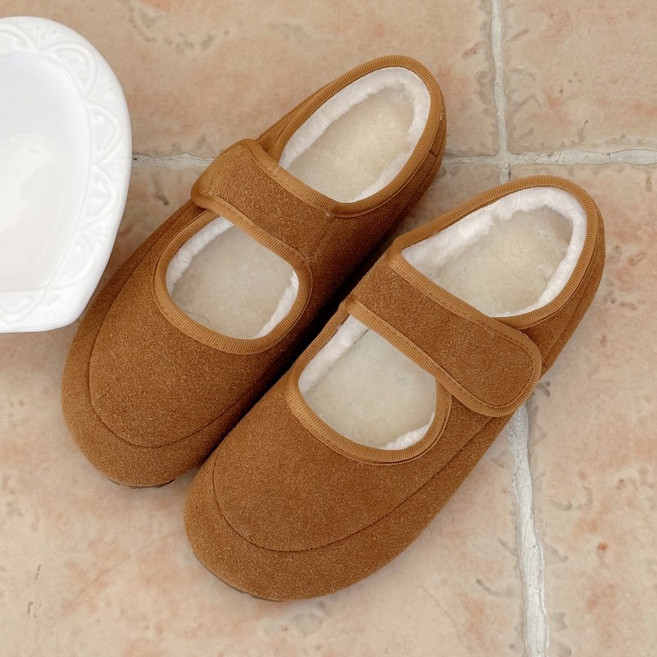 슈뿐 따뜻한 퍼 메리제인 벨크로 플랫 뮬 슬리퍼 털블로퍼