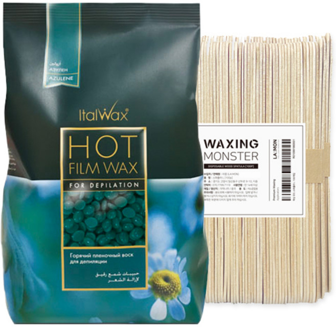 이탈왁스 짧고 거친모발용 핫필름 아줄렌 왁스 1kg + 왁싱몬스터 스파츌라 L 100개입, 1개