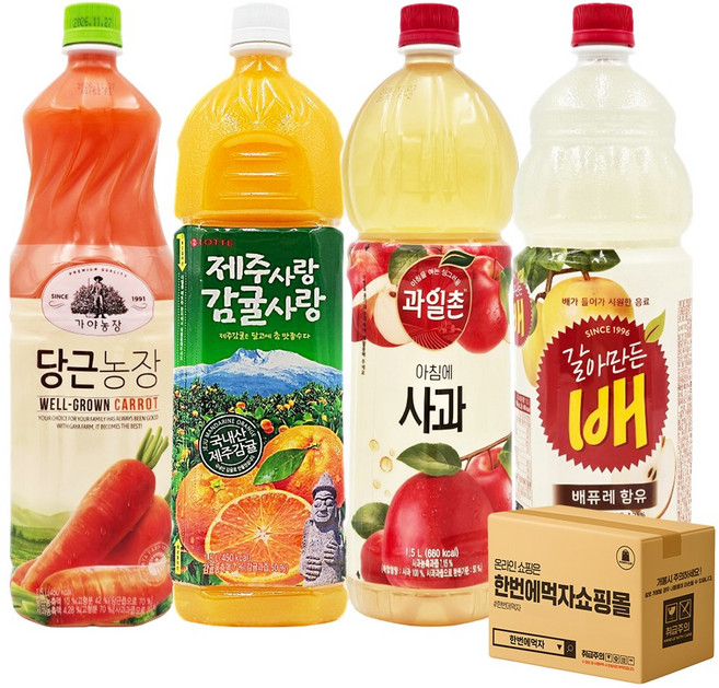 [한번에먹자] 과즙음료 1.5L 4종 혼합세트 ( 가야 당근농장 + 델몬트 제주사랑 감귤사랑 제주감귤 + 과일촌 아침에사과 + 갈아만든 배 ) 사무실음료 가정용 업소용 당구장, 4개