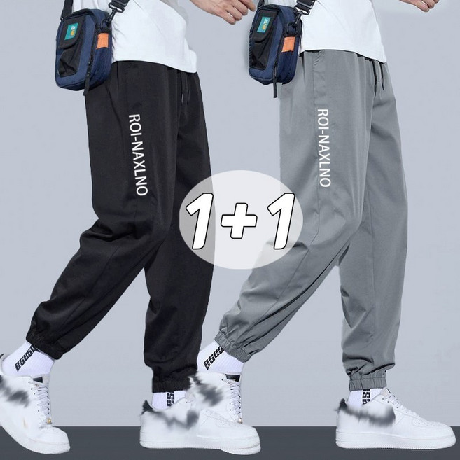 1+1 남자 아이스 쿨링바지 시원한 속건 트레이닝 카고바지 봄여름 자수 조거팬츠