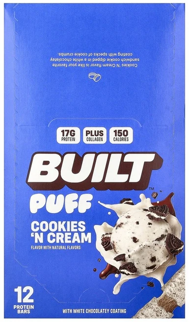 Built 퍼프 프로틴바 쿠키 앤 크림 바 12개 각 40g(1.41oz) Built (빌트), 12 개, 40g - 쿠팡