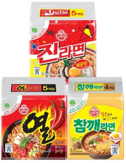 진라면 매운맛 5입 + 열라면 5입 + 참깨라면 4입, 없음