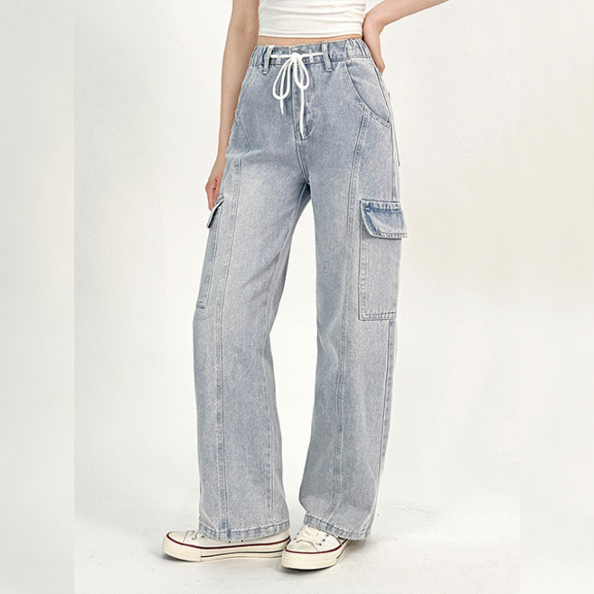 바이일이오 여성 앞절개 스트링 사이드 포켓 카고 밴딩 청바지