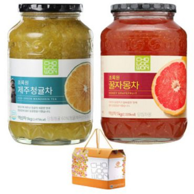 초록원 꿀자몽차1kg + 제주 청귤차1kg (2입 선물포장) 명절 집들이 차 과일청 선물셋트, 초록원 꿀자몽차1kg + 제주 청귤차1kg (2입 선물, 1kg, 1개