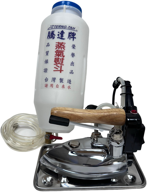 騰達牌工業蒸氣熨斗 木質手柄設計 蒸汽強勁 適用於服裝工廠及洗衣店, 白鐵色
