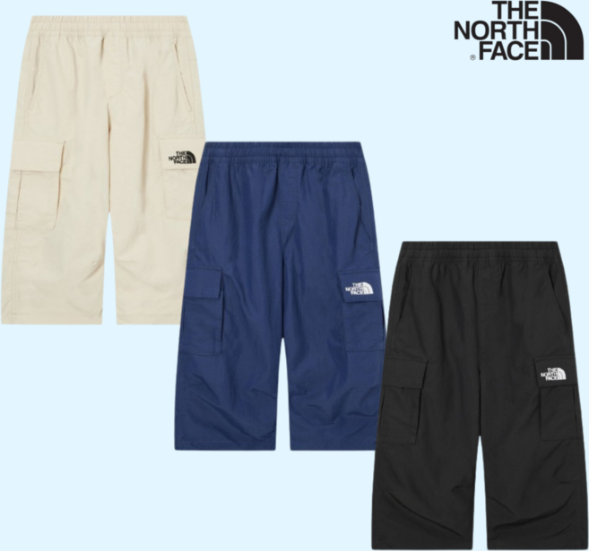 노스페이스 키즈 7부 바지 남아 여아 카고 포켓 우븐 팬츠 봄 여름 일상 아웃도어 활동용 하의