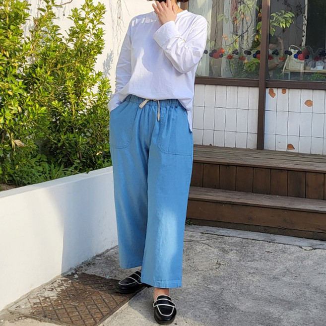 여자여름바지 9부 통바지 엄마옷 면스판 허리밴딩 면데님