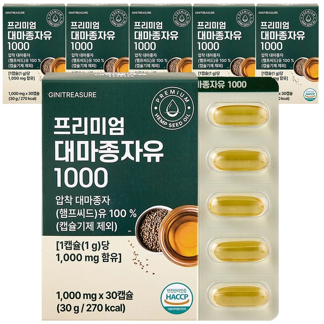 지니트레저 프리미엄 대마종자유 1000 캐나다 햄프씨드오일 냉압착 1000mg, 6개, 30정 - 쿠팡