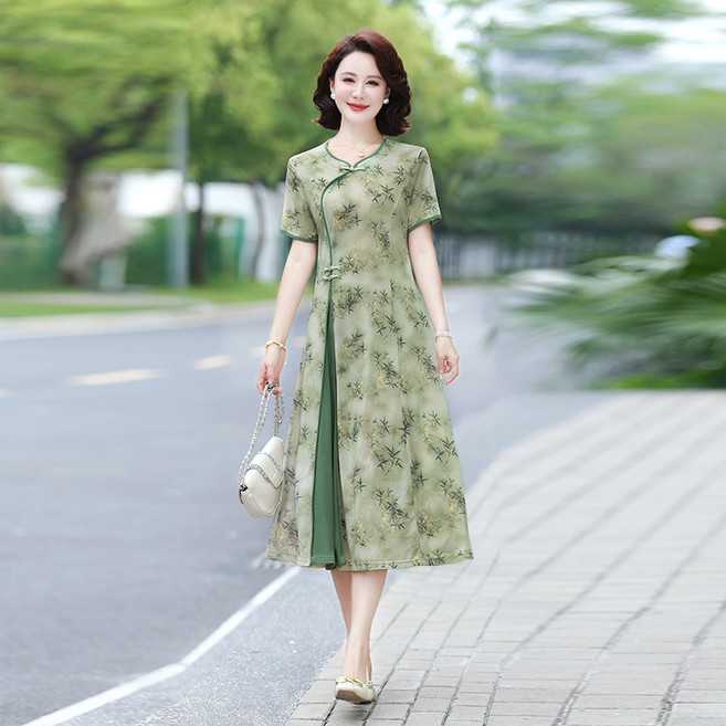 DIU 媽媽連衣裙夏裝中長款短袖新款中年氣質新中式洋氣中老年裙子, 2XL建議105-120斤