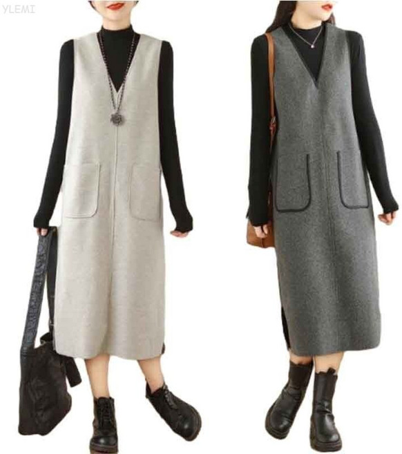 YLEMI 여자 빅사이즈 나시 원피스 가을 겨울 롱 모직 조끼 민소매 원피스