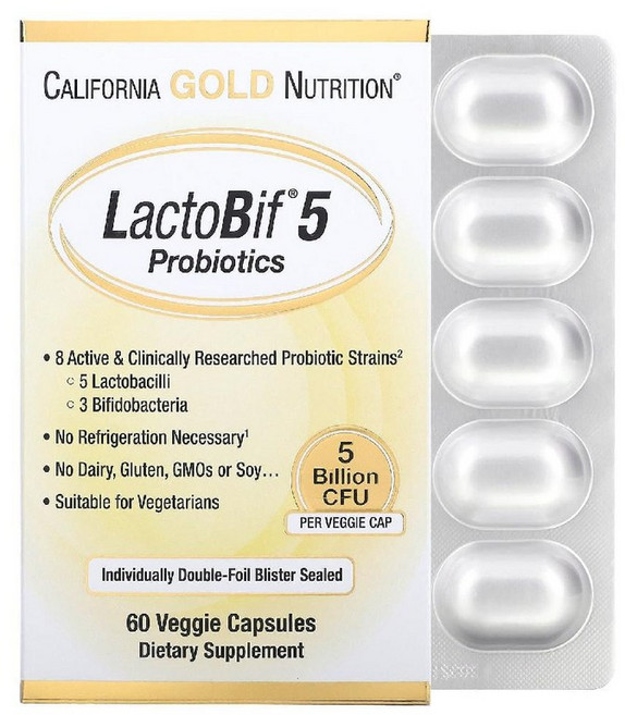 캘리포니아골드뉴트리션 락토비프 5 프로바이오틱 50억 CFU 베지캡슐, 1개, 60개입, 60정