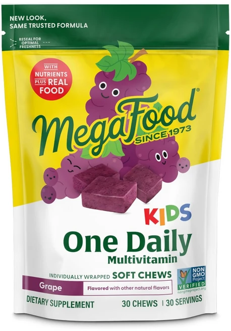 메가푸드 키즈 원 데일리 멀티 비타민 포도맛 30개 츄어블 개별포장 비오틴 B6 B12, 1개, 30정 - 쿠팡