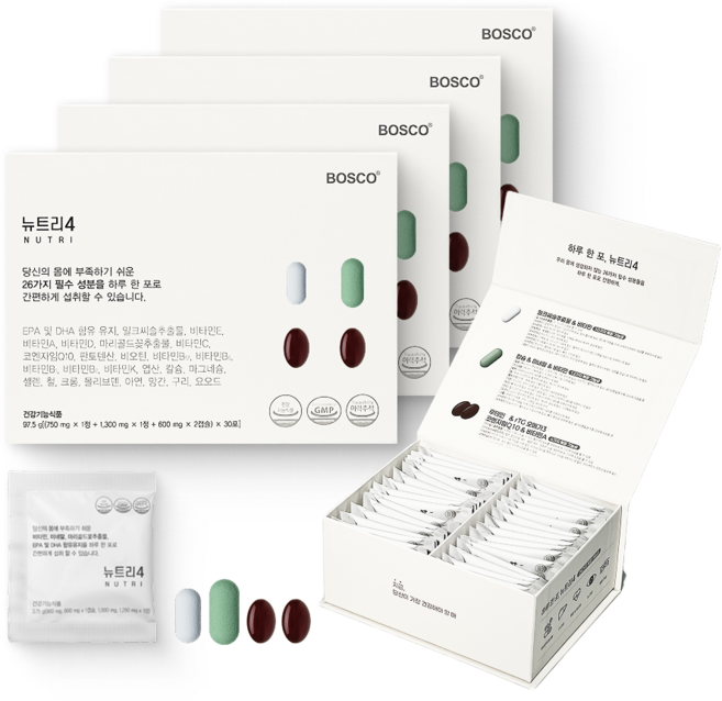 보스코 뉴트리4 멀티비타민 밀크씨슬 코큐텐 루테인 오메가3 올인원 한팩 종합영양제, 4박스