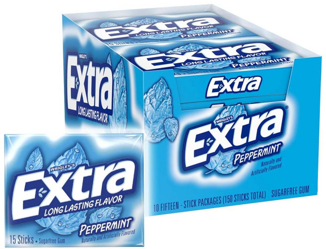 Extra Peppermint Gum 엑스트라 페퍼민트 무설탕 껌 15개입 10팩, 15g, 10개