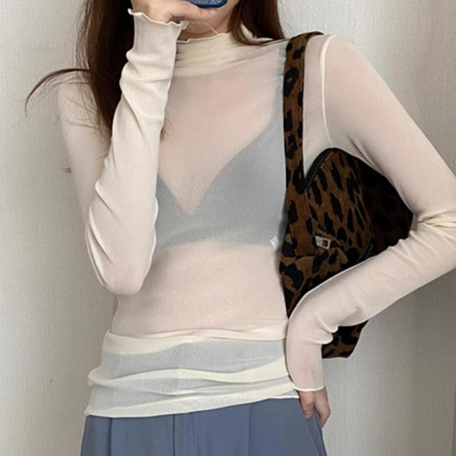 여성 골프 이너 레이어드 레이스 프릴 시스루 폴라 티셔츠 W626