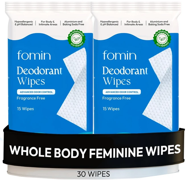 여성용 FOMIN 산성 데오드란트 물티슈 - 30 카운트 버라이어티 팩 저자극성 pH 균형 전신 플라스틱 프리 각질 제거 및 고급 냄새 제어 겨드랑이 바디, Fragrance Free, 1_15 Count (Pack of - 쿠팡