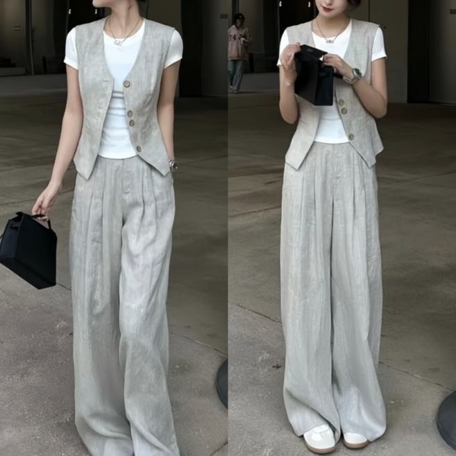 Asure 여성 정장 세트 출근룩 조끼+반팔티+정장 바지 3P