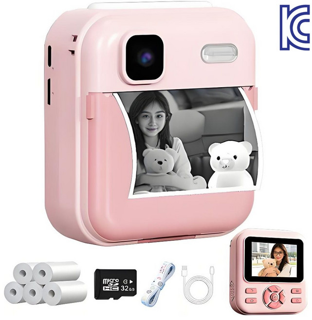 고화질 3in1 미니 즉석카메라 프린트 카메라 (사진+동영상+프린트) 디지털 카메라 사진기세트 휴대용 포켓프린트카메라 (32GB 메모리카드+인화지5롤), 1개, 핑크