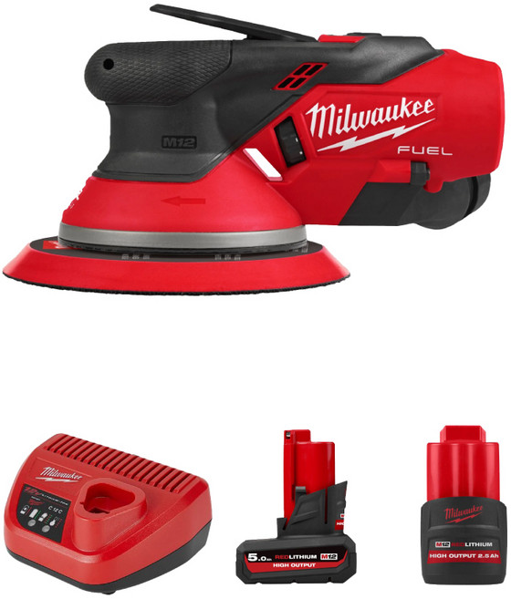 밀워키 M12 FROS50-5252 FUEL 듀얼액션 원형샌더 150mm 고출력 2.5Ah 5.0Ah 배터리 각 1개 충전기 세트, 1