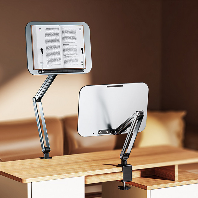에비크 휴대용 책거치대 360도 회전 높이조절 클립형 스탠딩 독서대, 실버