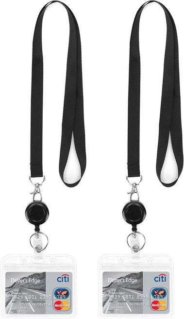 ID 배지 홀더가 있는 YOUO 2 팩 랜야드 카드 리트랙터블 블랙 수평 릴 클립 방수 기능, 2 Pack-black With