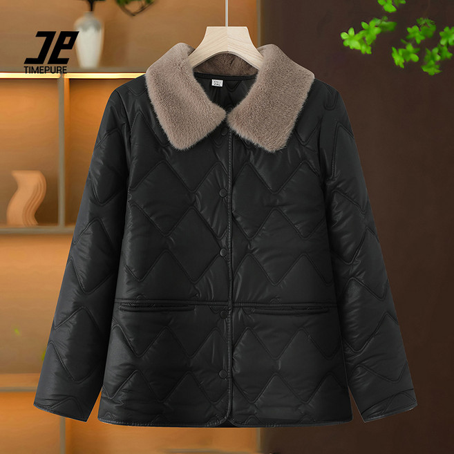 TIMEPURE 중년 여성 따뜻한 보온 면패딩자켓 어머니 선물용 플리스 안감 점퍼 넉넉한 루즈핏 카라 디자인 편안한 겨울 아우터 코디 추천