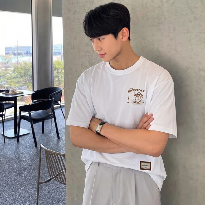 스타일닥터 반팔 티셔츠 남녀공용 특양면 오버핏 낚시 캐릭터 자수 프린트 데일리 라운드넥 반팔
