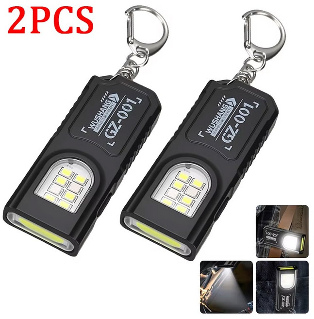 휴대용 키체인 LED COB 손전등 펜 클립이 있는 USB 충전식 토치 자석이 강력한 미니 야외 작업 랜턴, 2pcs, 검정색