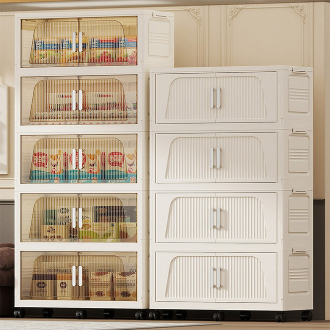 BOXIFY 대용량 폴딩 수납장 무설치 이동식 접이식 옷장 플라스틱 양문형 바퀴형 정리함, 아이보리 클리어 4단