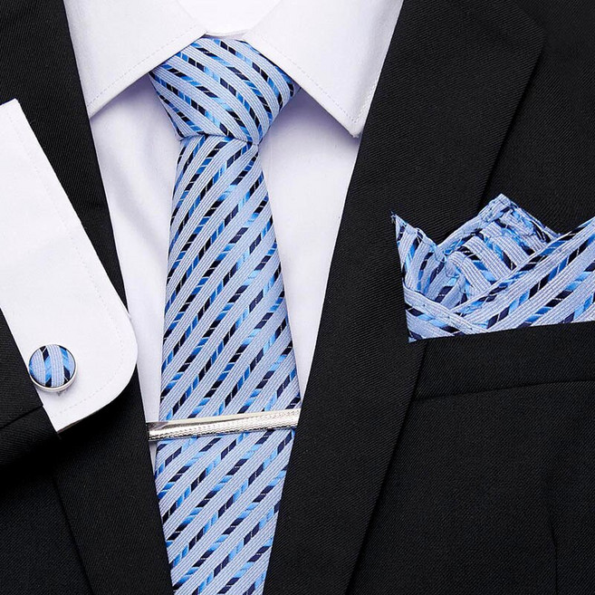 Necktie Hanky Cufflinks Tie Clips Set for Men Formal Wedding Party Silk Business Fl [A00096443]