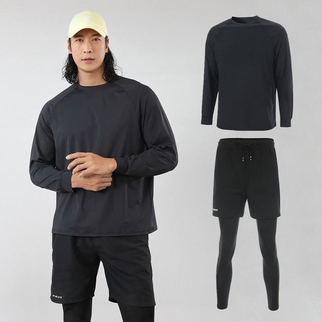 남자 오버핏 래쉬가드 긴팔 상의 + 반바지 레깅스 수영복 세트 (T111-B159)